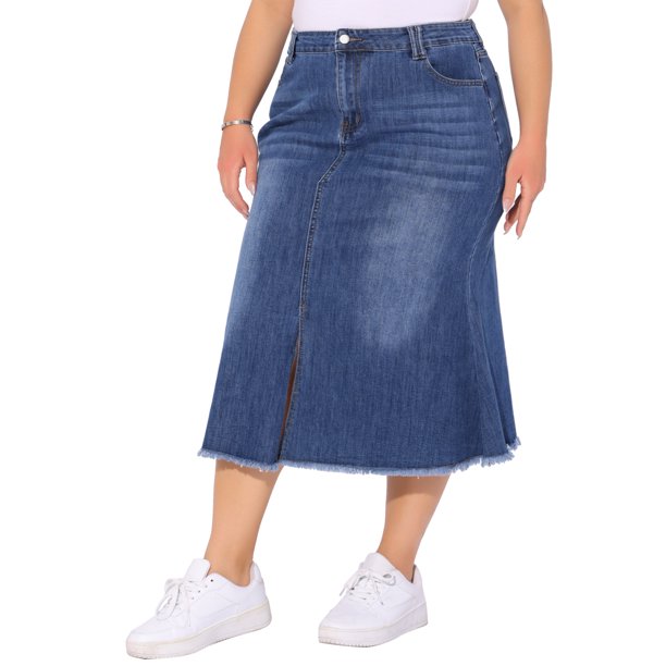 Falda de mezclilla midi casual con bolsillos y abertura frontal, talle alto vintage, dobladillo sin rematar, estilo sirena, para mujer de talla grande Agnes Orinda, talla 3X, azul