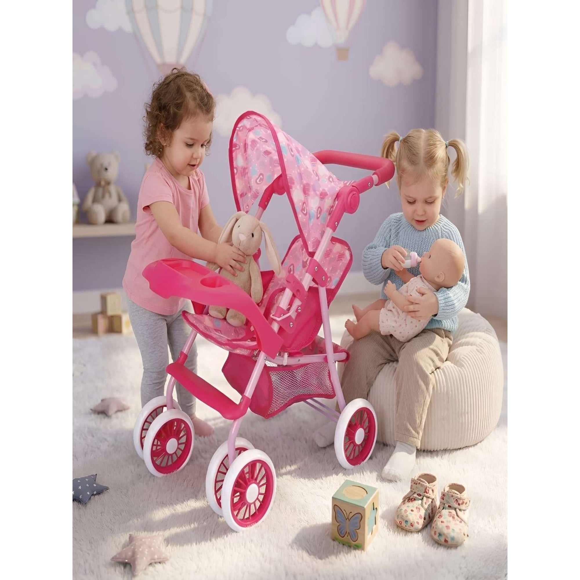 Todo Para El Hogar - Coche De Juguete Para Muñecas Con Toldo Y Bandeja Frontal - Rosado Corazones