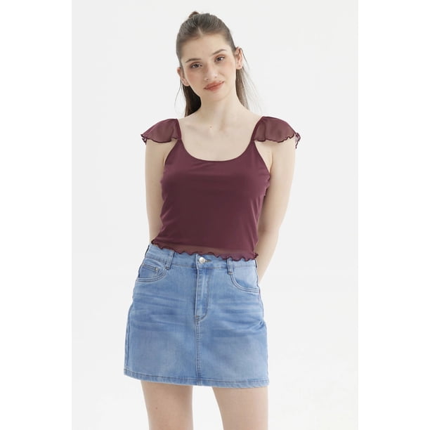 Polera Mujer Manga Vuelos Escote Cuadrado Burdeo