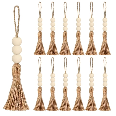 Xusx111 - 40 Conjuntos De Borlas De Yute Con 3 Perlas De Madera Borlas De Burlap De Cuerda De Yute Natural Para Árbol De Navidad Diy Artesanía Perlas De Madera Guirlanda Proyecto Boda Decoraciones De