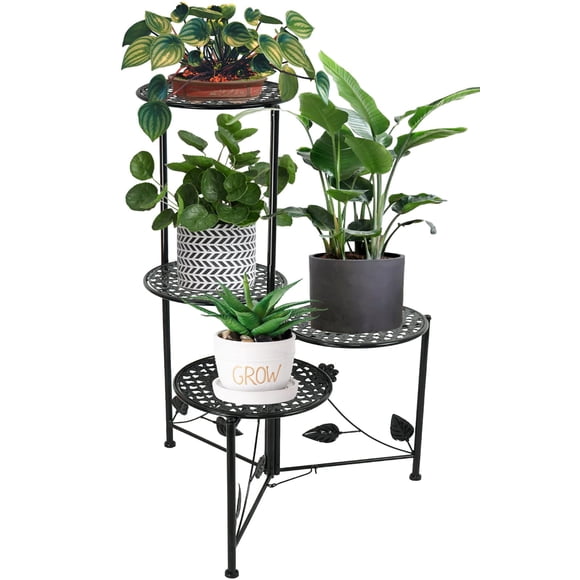 Soporte para plantas NAKUPE de metal, 4 niveles, para esquina, 76 cm de alto, negro