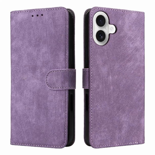 Funda Billetera para iPhone 16 con Soporte - Cartera de Cuero con Ranuras Morado