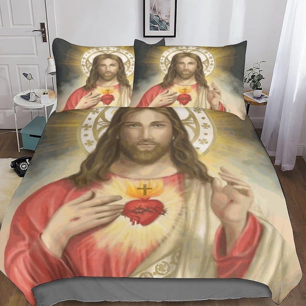 Juego de ropa de cama Entemah Jesucristo con estampado digital 3D, funda de almohada, funda nórdica de microfibra suave, juego de 3 piezas, funda de edredón con cierre de cremallera.