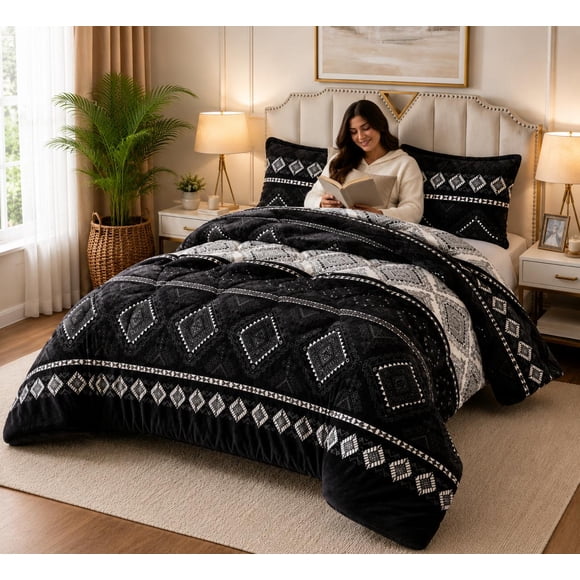 Cubrecama de Invierno Plush con Chiporro 2 Plazas Negro con Rombos RS1037