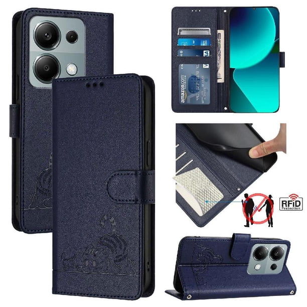 Funda tipo cartera FOXDOCK para Xiaomi POCO M6 PRO 4G con soporte, ranuras, RFID, diseño de gato