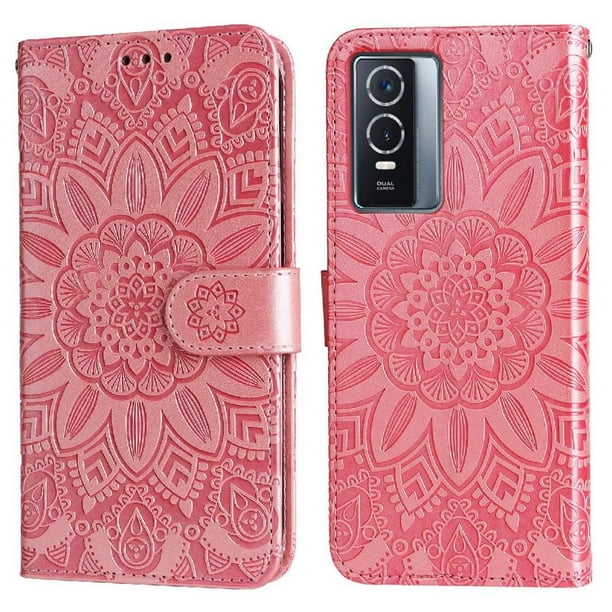 Funda tipo cartera FOXDOCK para Vivo Y76s , diseño girasol en relieve, cuero PU, cierre magnético, soporte y tarjetero