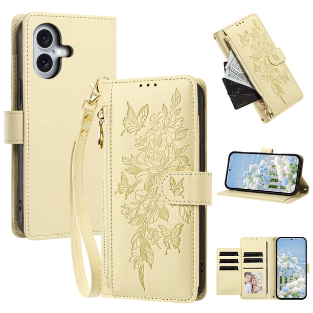 Funda Billetera Floral en Relieve iphone17 con Tarjetero y Cremallera Blanco