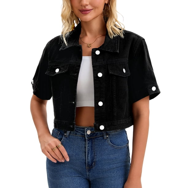 INSPIRE CHIC Chaqueta Vaquera de Mujer para Regreso a Clases, Manga Corta, Recortada, con Botones, Deshilachada, Lavada, Negra XL