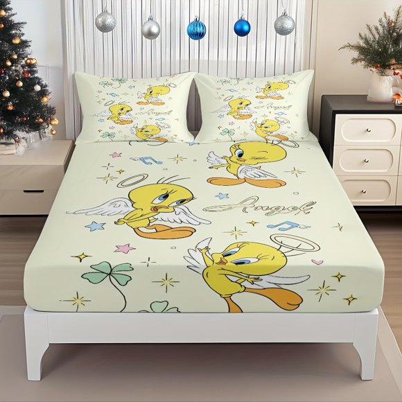Fitted Sheet Set Featuring Tweety Angel Design And Lucky Four-Leaf Clover Fun Cartoon Pattern Mattress Protector Elastic Design Bed Sheet Fits Perfectly Creativ