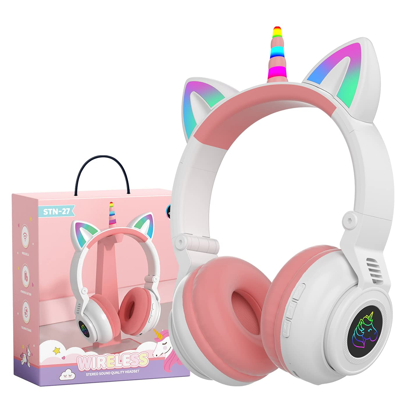 Auriculares Yusonic Unicorn Kids Bluetooth Plegables En Blanco Y Rosa