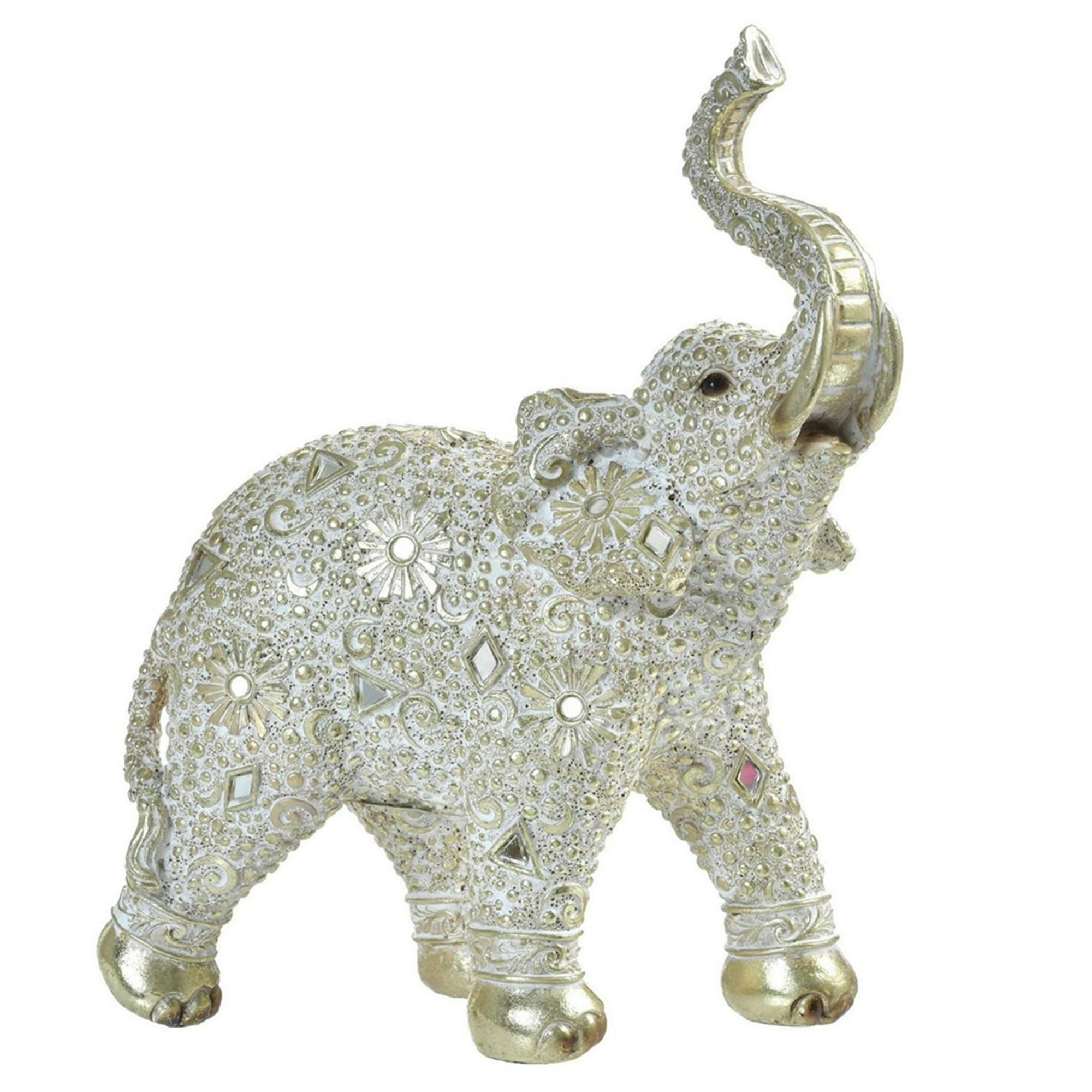 Scultura Elefante In Ceramica Argento Lucido - Simbolo Di Famiglia, Alta 32 Cm, Con Piedini Protettivi