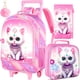 thumbnail image 1 of 3PCS Rolling Backpack for Girls, Kids Roller Wheels Bookbag, Wheeled Elementary School Bag with Lunch Bag - Cat, 1 of 3