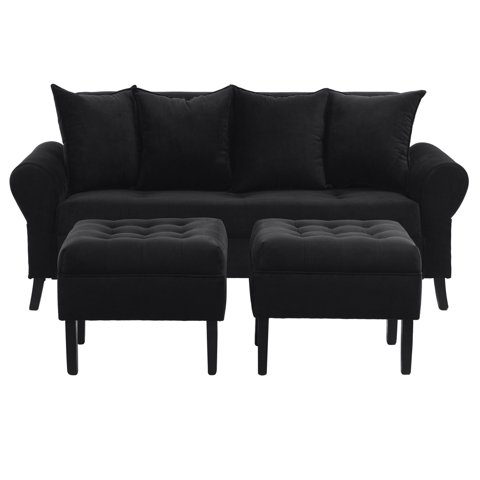 Bodevir - Sofa Lua 3C + 2 Pouf Felpa 20 Negro