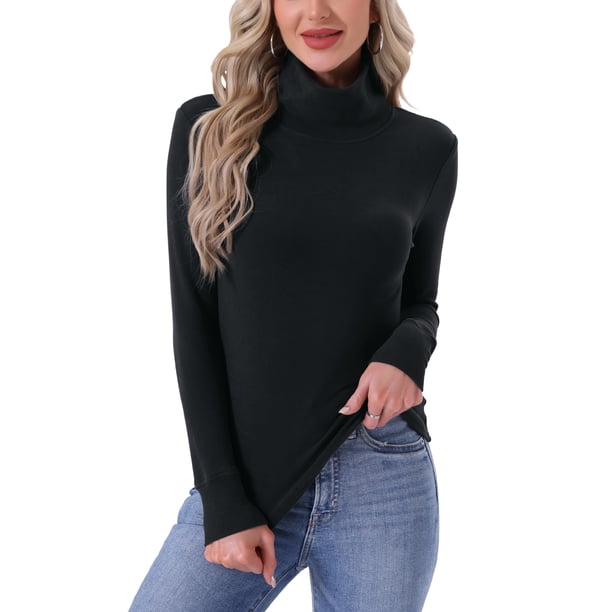 INSPIRE CHIC Camisetas de Cuello Alto para Mujer, Camisetas de Manga Larga con Cuello Simulado, Camiseta Térmica Cálida de Otoño e Invierno, Capa Básica M Negro