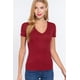 thumbnail image 1 of Saronite Camiseta Básica de Algodón Acanalado, Manga Corta, Cuello en V, Color Vino (Mujer), 1 of 4
