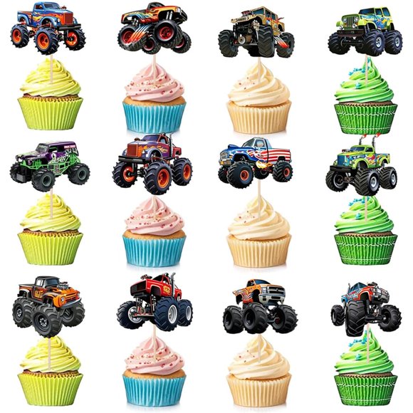 Pretyps 48 toppers para cupcakes de monster truck para fiesta y decoración