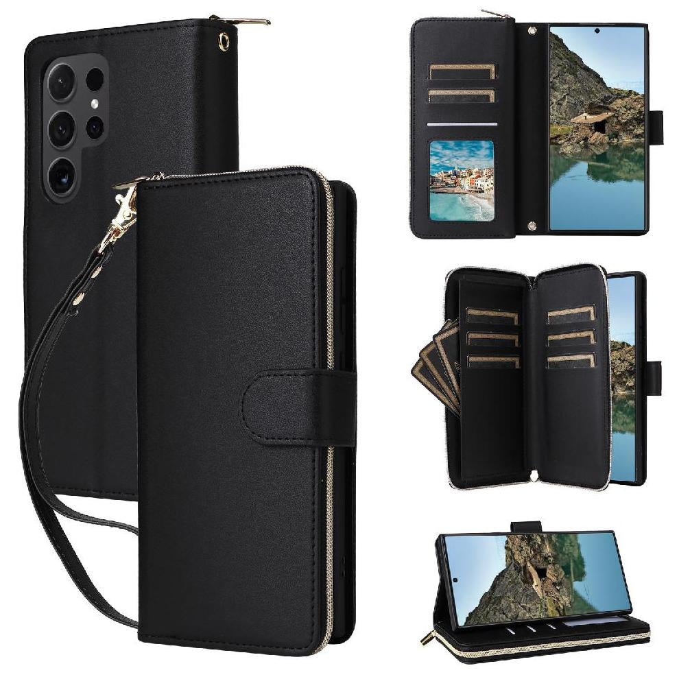 Foxdock - Funda Cartera Con Cremallera Y Correa Para Samsung Galaxy S24 Ultra Soporte Y Tarjetero Negro