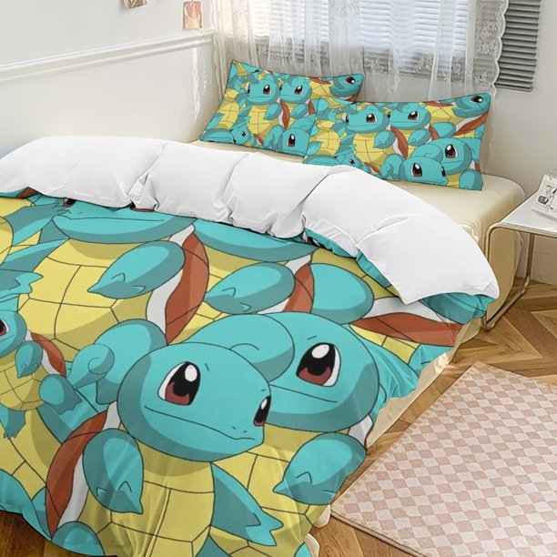 Squirtle Bed Duvet Cover Funny Anime Cartoon Bedding Sets Lightweight 3 Piece Comforter Sets
