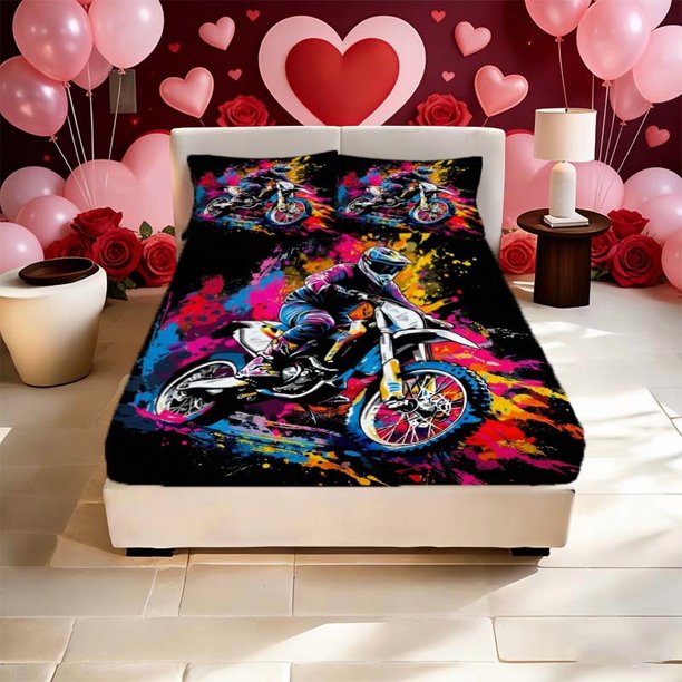 Off-Road Motorcycle Rider Print Fitted Sheet Set a Must-Have for Family Guest Rooms Deep Pockets for a Secure Fit That Won'T Shift The Perfect Gift for Holidays