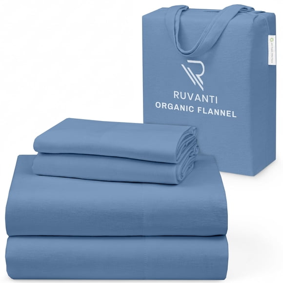 Sábanas de franela RUVANTI, tamaño completo, 100% algodón orgánico, azul vaquero