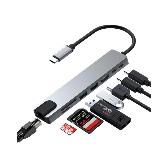 Estación de acoplamiento USB C Hub Zyerch 8 en 1 4K HDMI 100 W PD
