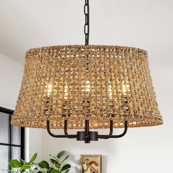 Candelabro YOMECOO de 50 cm estilo Boho de ratán con 5 luces, negro
