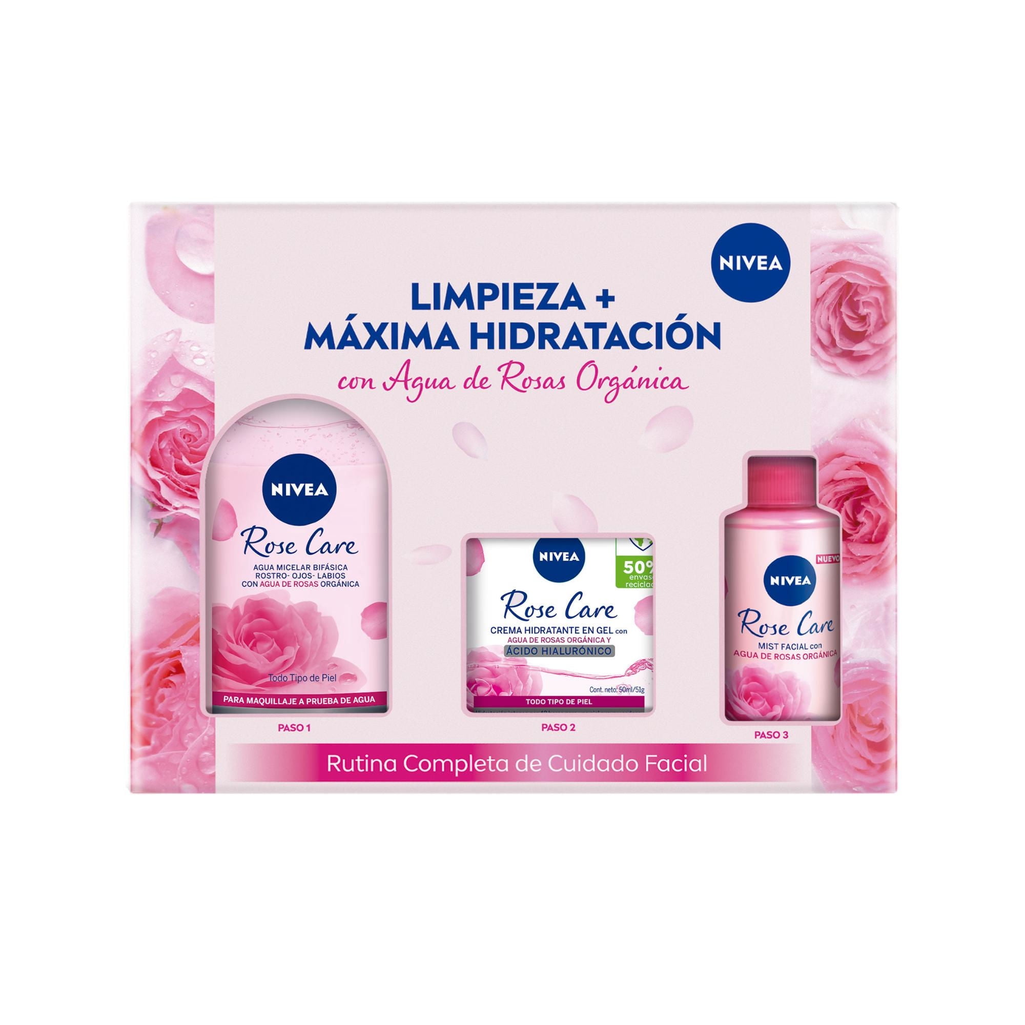 Agua Micelar Roses Care + Crema Día 50ml + Mist 150ml Pack 600 ml Nivea