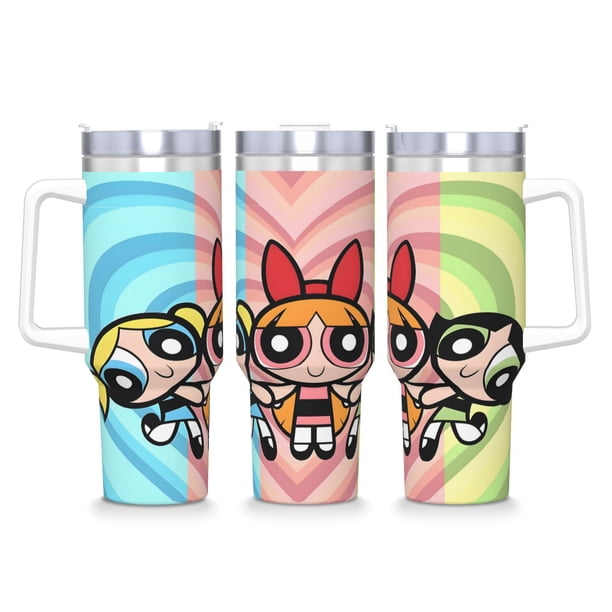 Las Chicas Superpoderosas Vaso aislado de acero inoxidable con asa, diseño temático, regalo para familia, amigos y fans; incluye pajita y encaja en el portavasos estándar, 40 oz