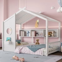M&Ms - Twin Size Floor House Bed For Toddler, Kids Montessori Bed With Storage Shelf, Playhouse Bed With Roof Design, White