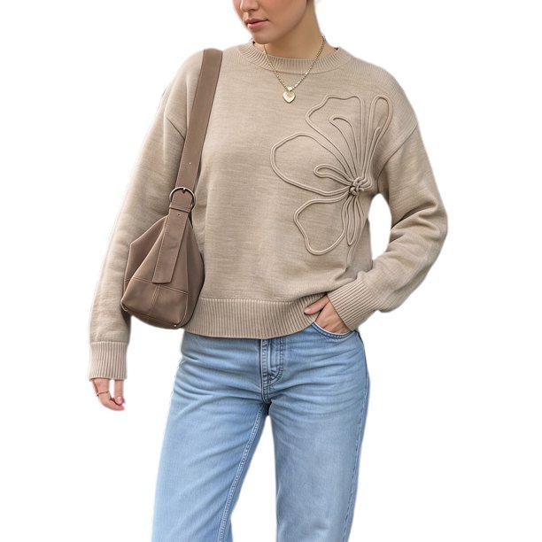 INSPIRE CHIC Top de Punto con Hombros Caídos y Flores 3D para Mujer Cuello Redondo Acanalado Manga Larga Pequeño Caqui Oscuro