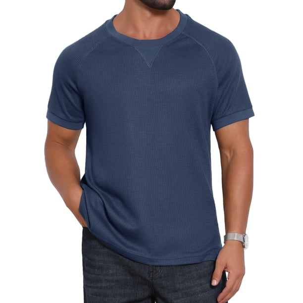 INSPIRE CHIC Camiseta de Hombre de Tela de Waffle Clásica con Cuello Redondo y Mangas Raglán Cortas M Azul Marino