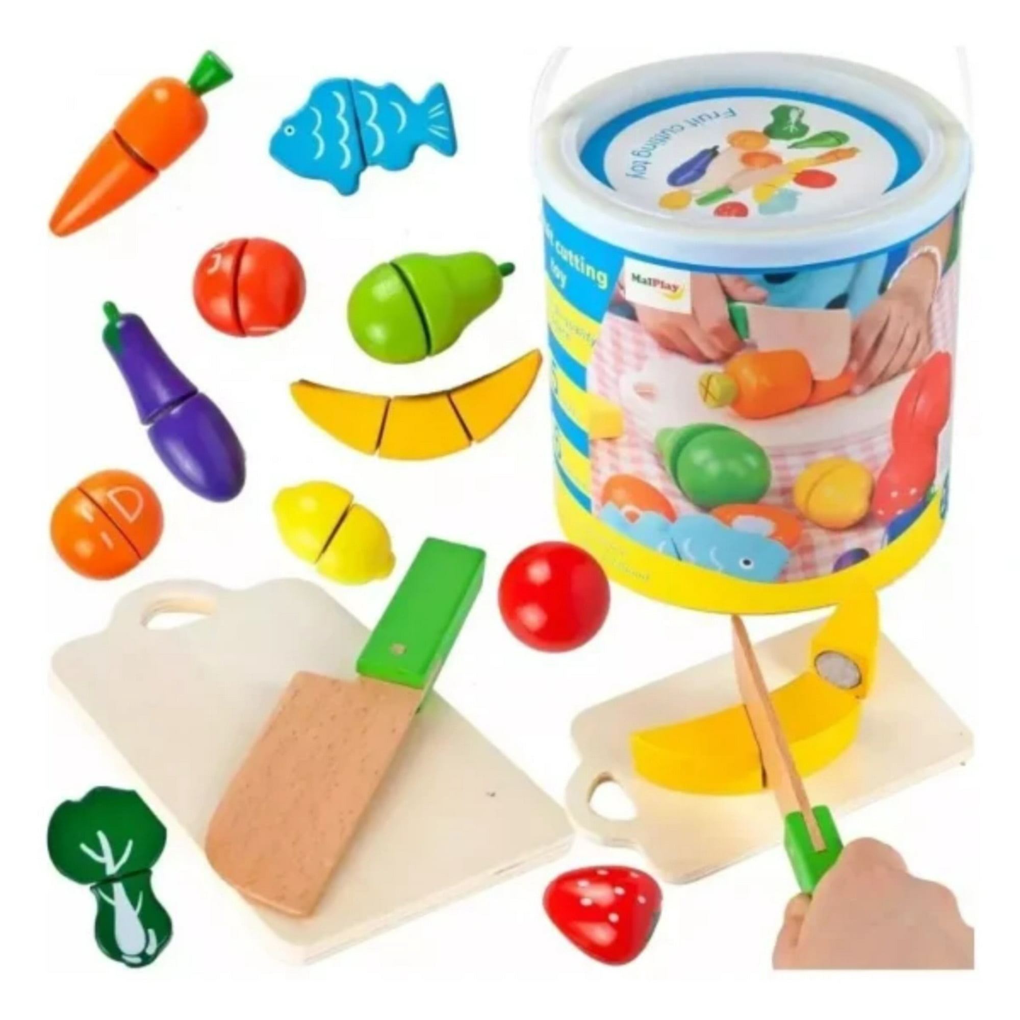 Genérico - Balde Con Frutas Y Verduras Para Cortar Juguete De Madera Montessori