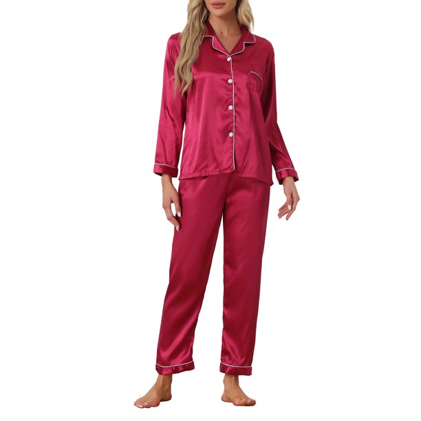 INSPIRE CHIC Conjunto de Pijama de Satén para Mujer Conjunto de Descanso de Manga Larga con Ribete en Contraste y Pantalones de Cintura Elástica M Rojo