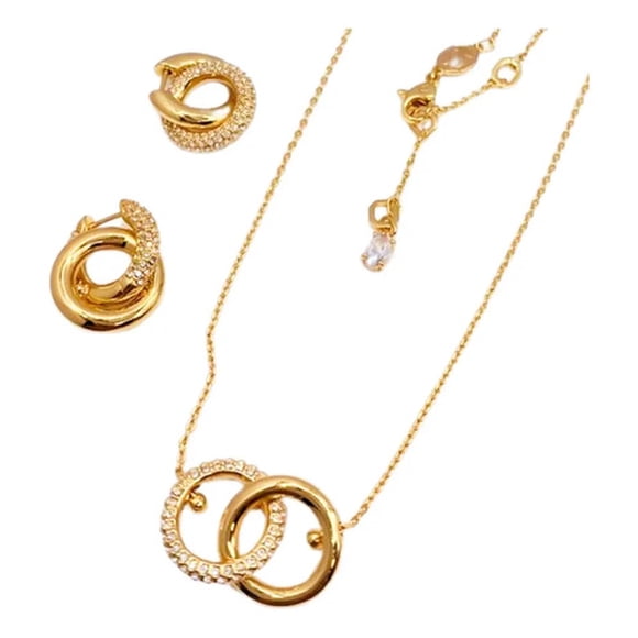 Conjunto Aros Y Collar Entrelazado Circonitas Oro 24k Regalo
