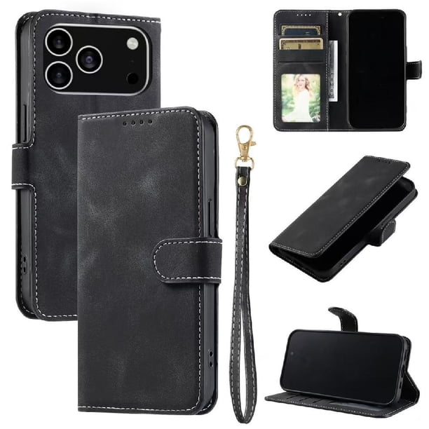 Funda Cartera para iPhone 17 Pro Tapa con Ranuras, Soporte y Correa Negro