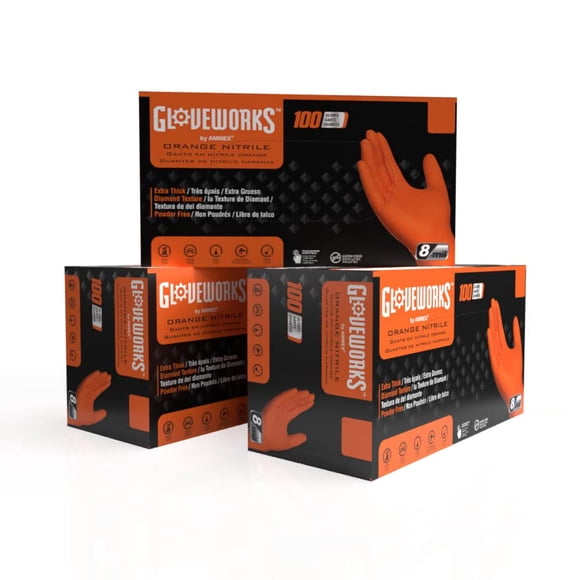 Guantes de Nitrilo GLOVEWORKS Talla Grande 8 mil Naranja - Pack de 3