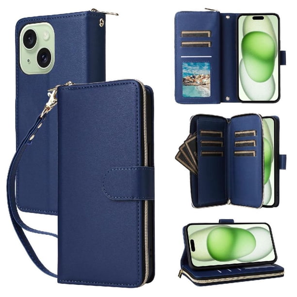 Funda Cartera con Cremallera y Correa para iPhone 15 Plus Soporte y Tarjetero Azul