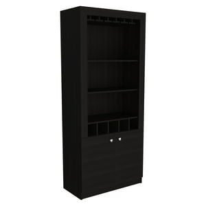 Fmfurniture - Bar Alto 5 Botelleros Y Portacopas Fm-003C - Cafe Oscuro Y Negro