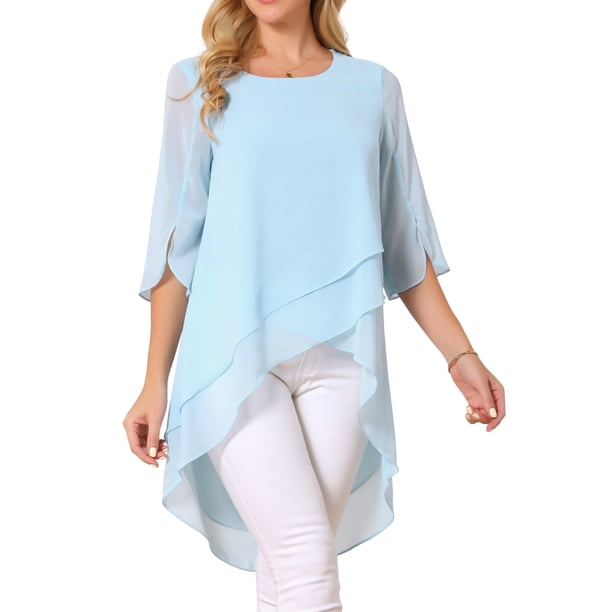INSPIRE CHIC Blusa de Chifón para Mujer con Mangas Divididas 3/4 y Dobladillo Asimétrico Túnica Azul Cielo M