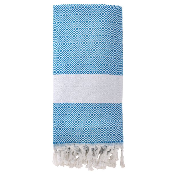 REGALWOVEN 1 Paquete Toalla de Playa Turca, Diseño Geométrico con Flecos, A Prueba de Arena, Secado Rápido, Versátil Como Esterilla de Yoga, Manta de Picnic, Manta de Viaje Azul Cielo 71" x 40"