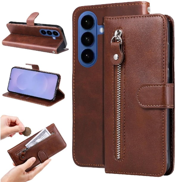 Funda tipo cartera para Samsung Galaxy S26 Plus con bolsillo con cremallera y ranuras para tarjetas – Función de soporte Marrón