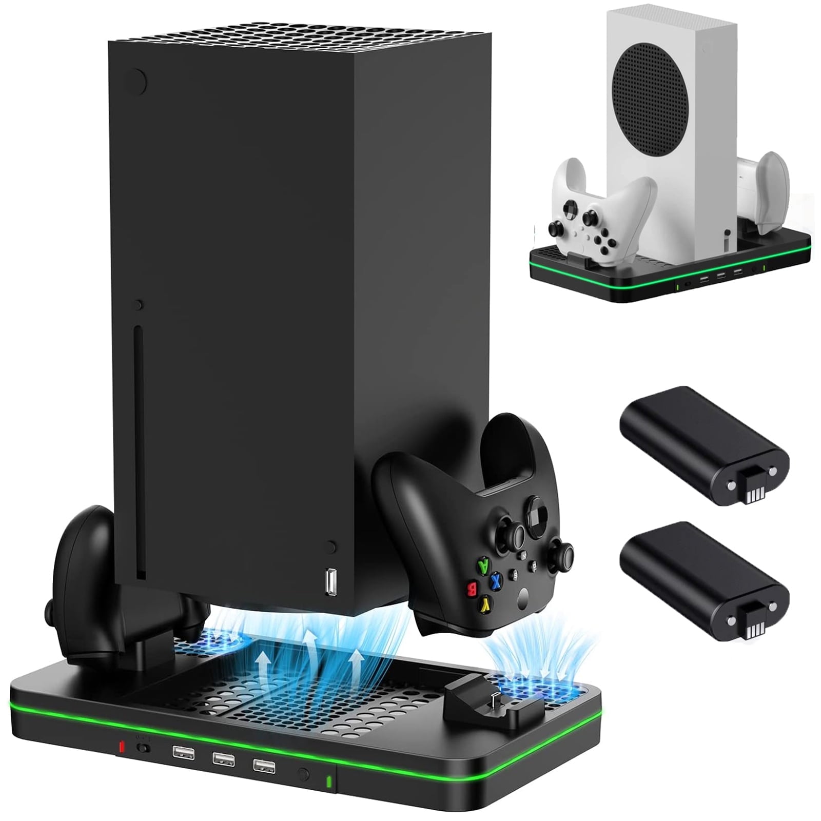 Base Cargadora Aaronmei Para Xbox Series S/x Con Ventilador De Enfriamiento Y 2 Baterías Recargables 1100mah Negro