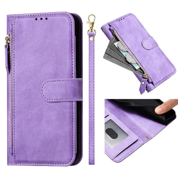 Funda Billetera Cremallera para iPhone 17e con Porta Tarjetas, Soporte y Correa Morado