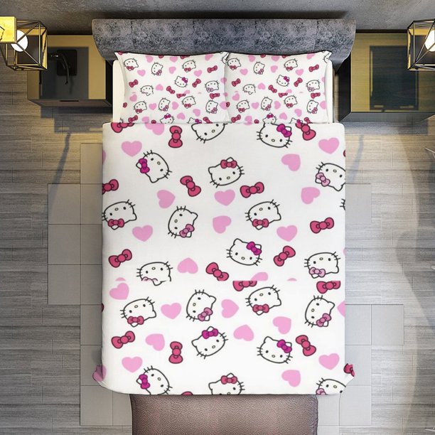 Cartoon Hello Kitty Bow 3 Pieces Duvet Cover Set Full Size Super Soft Fade Resistant Microfiber