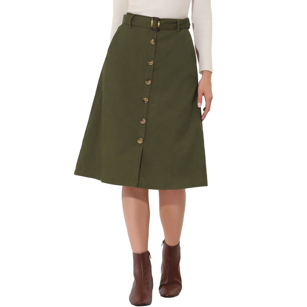 INSPIRE CHIC Falda Midi de Pana de Cintura Alta para Mujer, Línea A, con Botones al Frente, Plisada, con Cinturón y Bolsillos Verde S