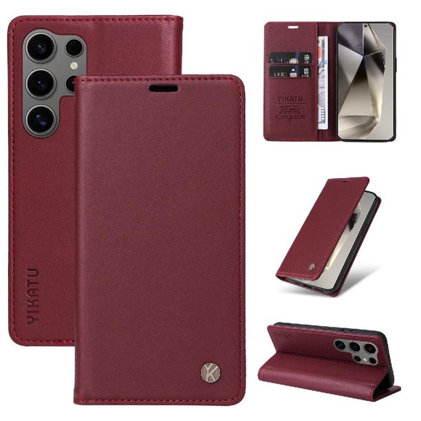 Funda Billetera de Cuero para Samsung Galaxy S25 Ultra con Tarjetero y Soporte - Tapa Magnética Rojo