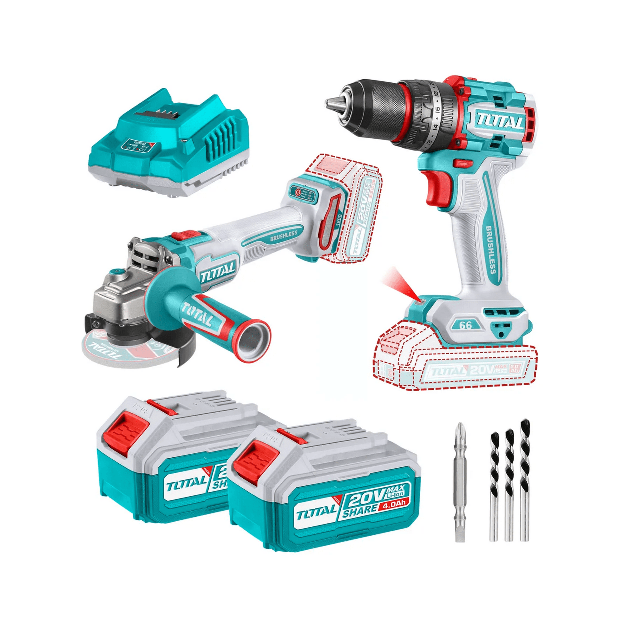 Total Tools - Combo Total 20v Taladro Perc 13mm+esmeril 4 1 2 Tosli241298