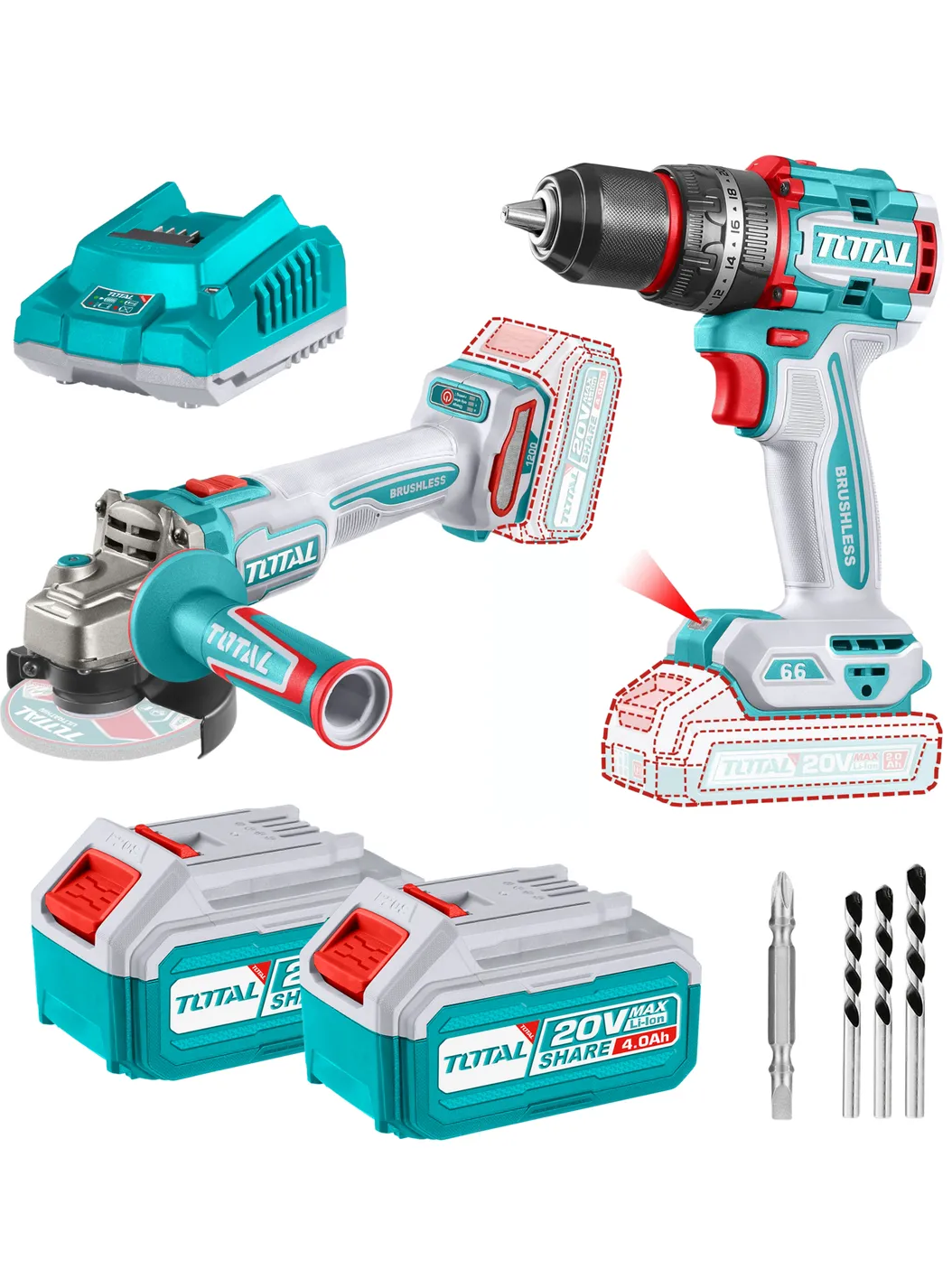 Total Tools - Combo Total 20V Taladro Perc.13Mm+Esmeril 4 1/2 Tosli241298