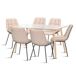 Klik Muebles - Mesa De Comedor Vidrio Rectangular 120X80 + 6 Silla Macron Terciopelo - Beige