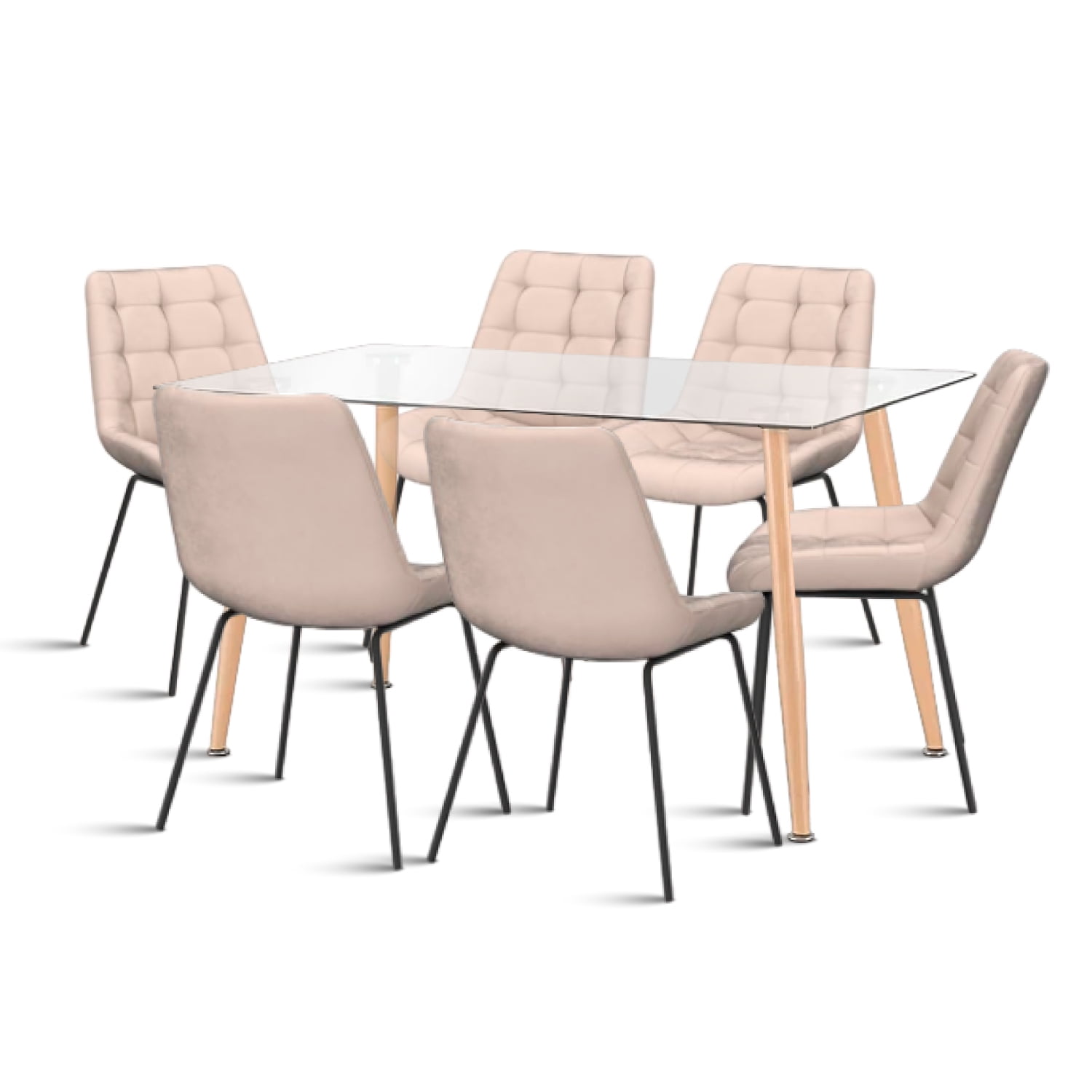 Klik Muebles - Mesa De Comedor Vidrio Rectangular 120x80 + 6 Silla Macron Terciopelo - Beige